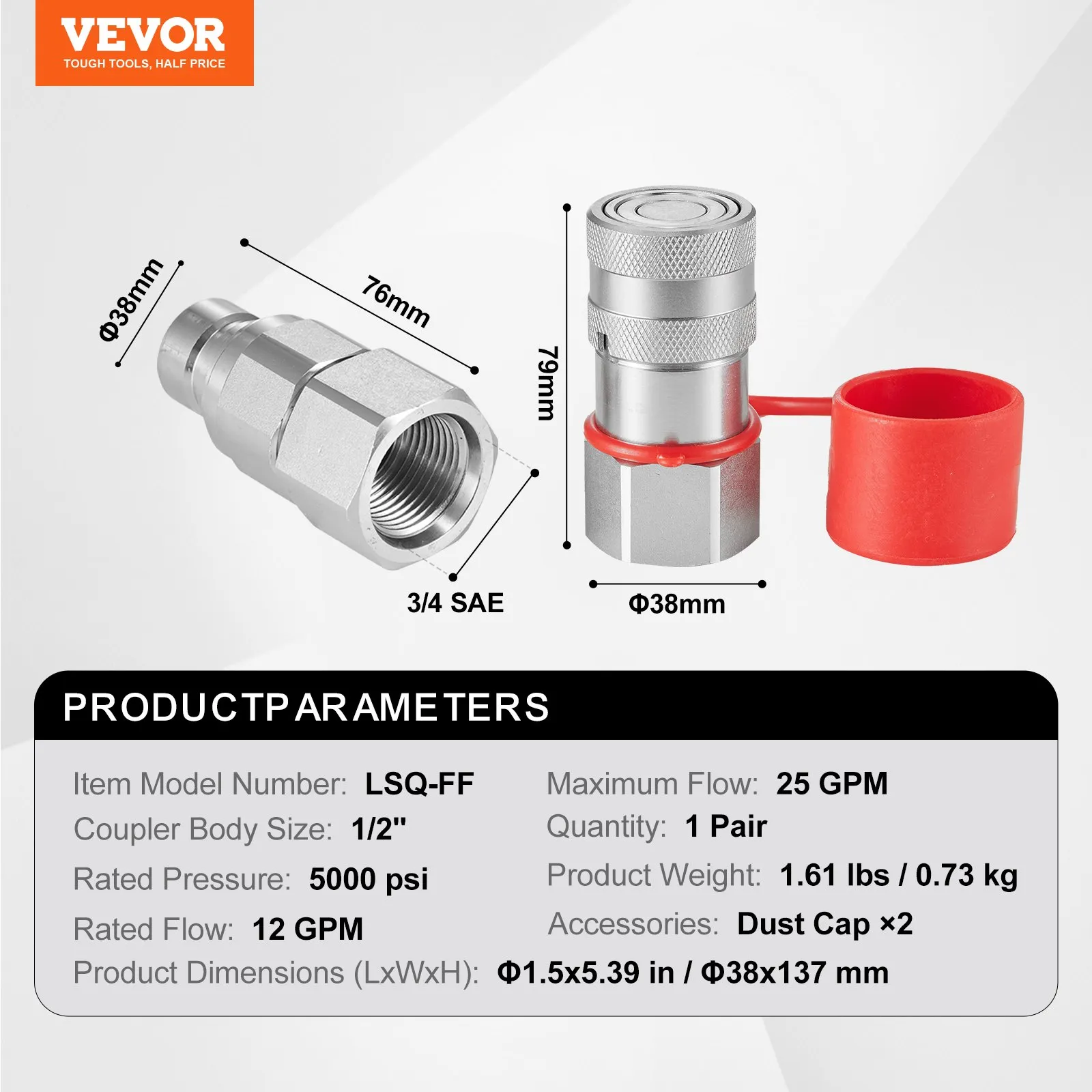 VEVOR hydraulic couplers with 1/2 inch body size, 5000 psi pressure, and dust caps shown with dimensions.