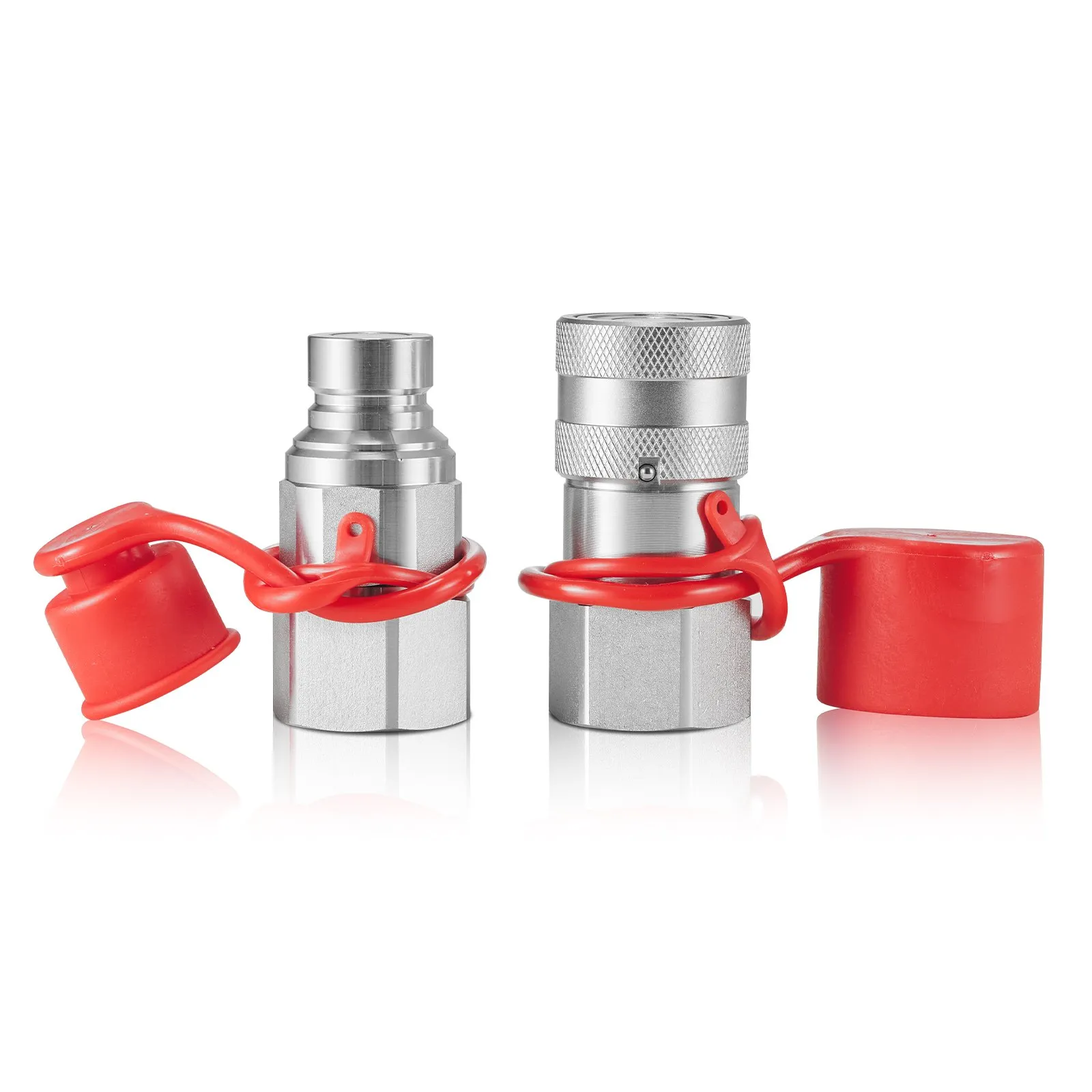 two metal VEVOR hydraulic couplers with red protective caps on a reflective surface.