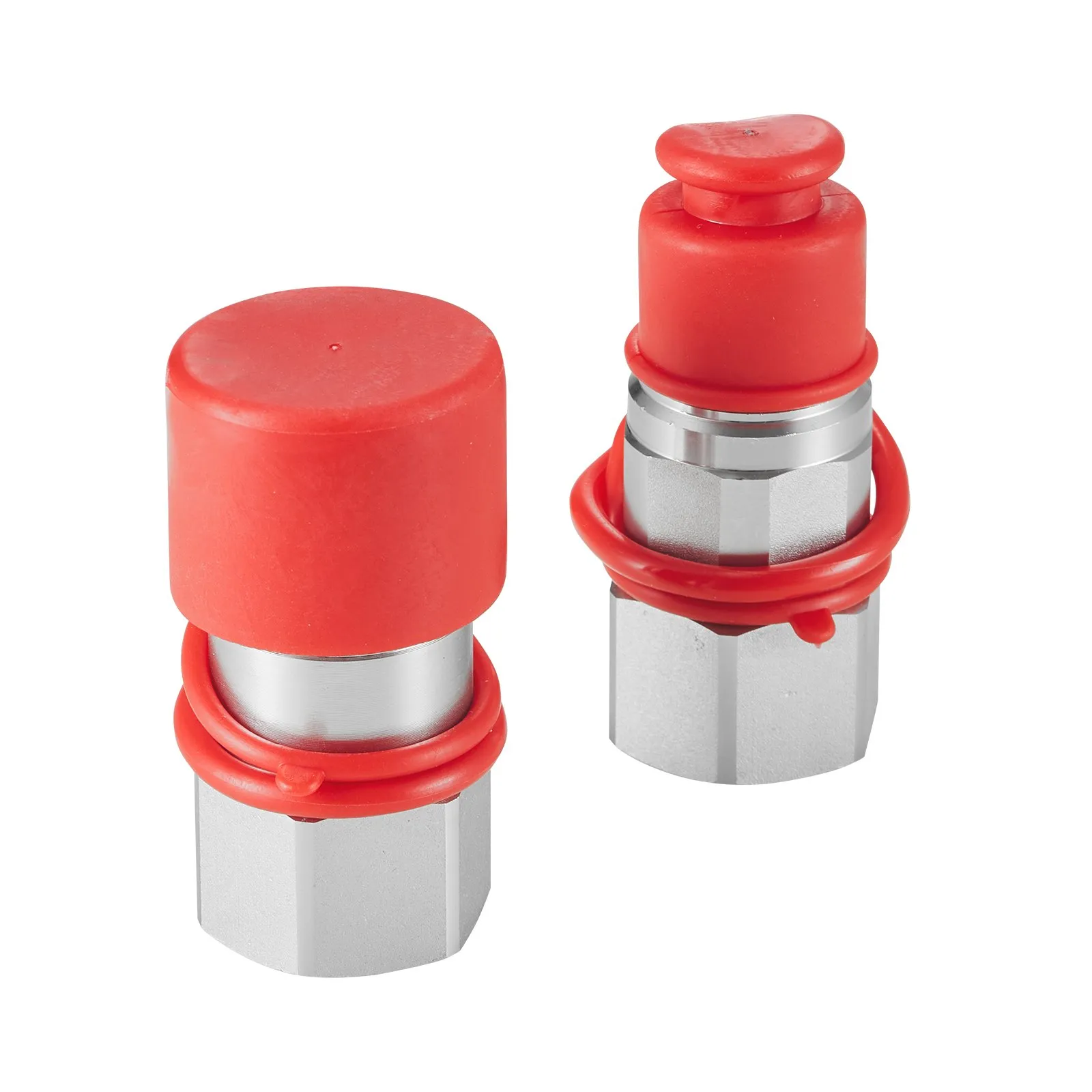 two VEVOR hydraulic couplers with red protective caps and hexagonal metal bases.