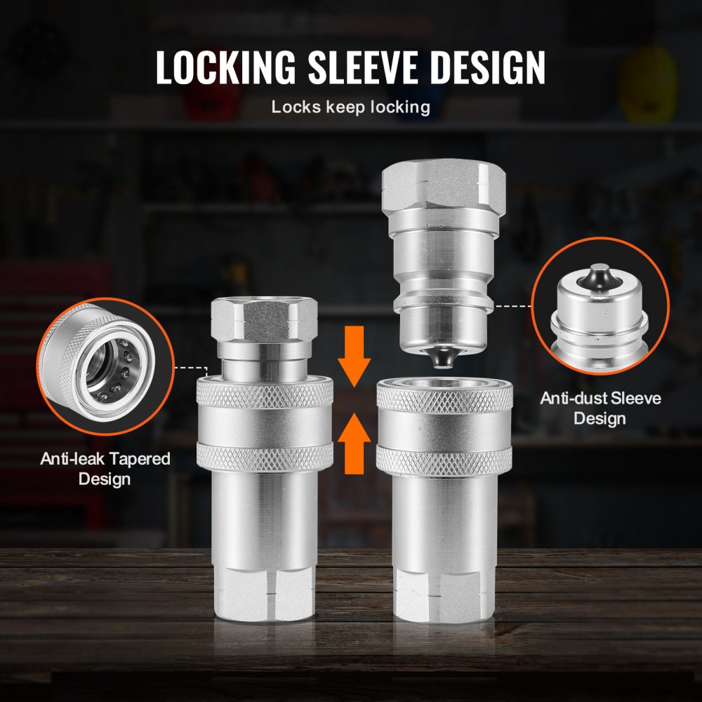 VEVOR 1/2" (1.3 cm) Tapered Hydraulic Couplers 1/2" (1.3 cm) NPT Skid Steer Couplers 4 Dust Caps