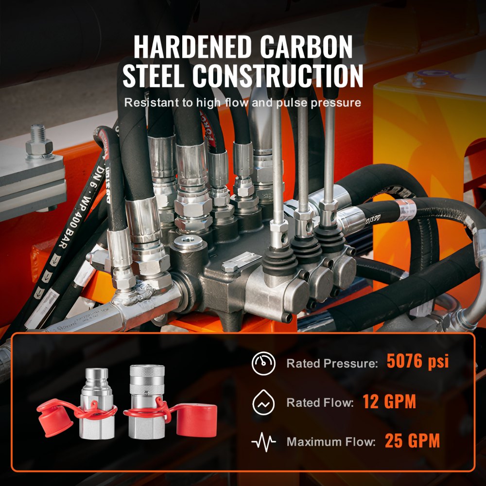 VEVOR 1/2" Flat Face Hydraulic Couplers, 1/2" NPT Skid Steer Hydraulic Quick Connect Couplers with 2 Dust Caps (ISO16028)
