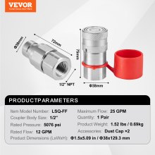 VEVOR 1/2" Flat Face Hydraulic Couplers, 1/2" NPT Skid Steer Hydraulic Quick Connect Couplers with 2 Dust Caps (ISO16028)