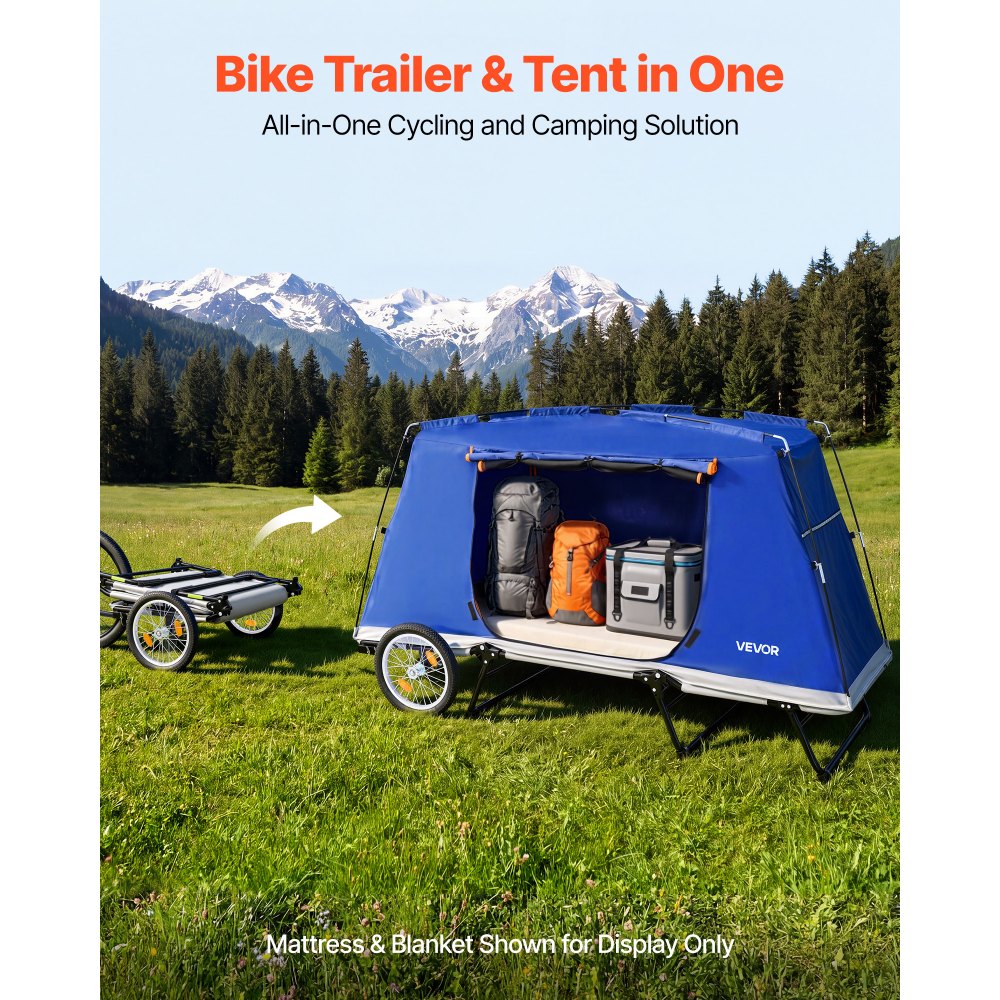 VEVOR Bike Camper Trailer Tent 300 lbs Static Load Folding Bicycle Wagon, with 16-Inch Wheels, PU2000 Coating, Carbon Steel Frame, Quick Setup, Fits 22-28 in Wheels, for Off-Road Bike Camping & Cargo