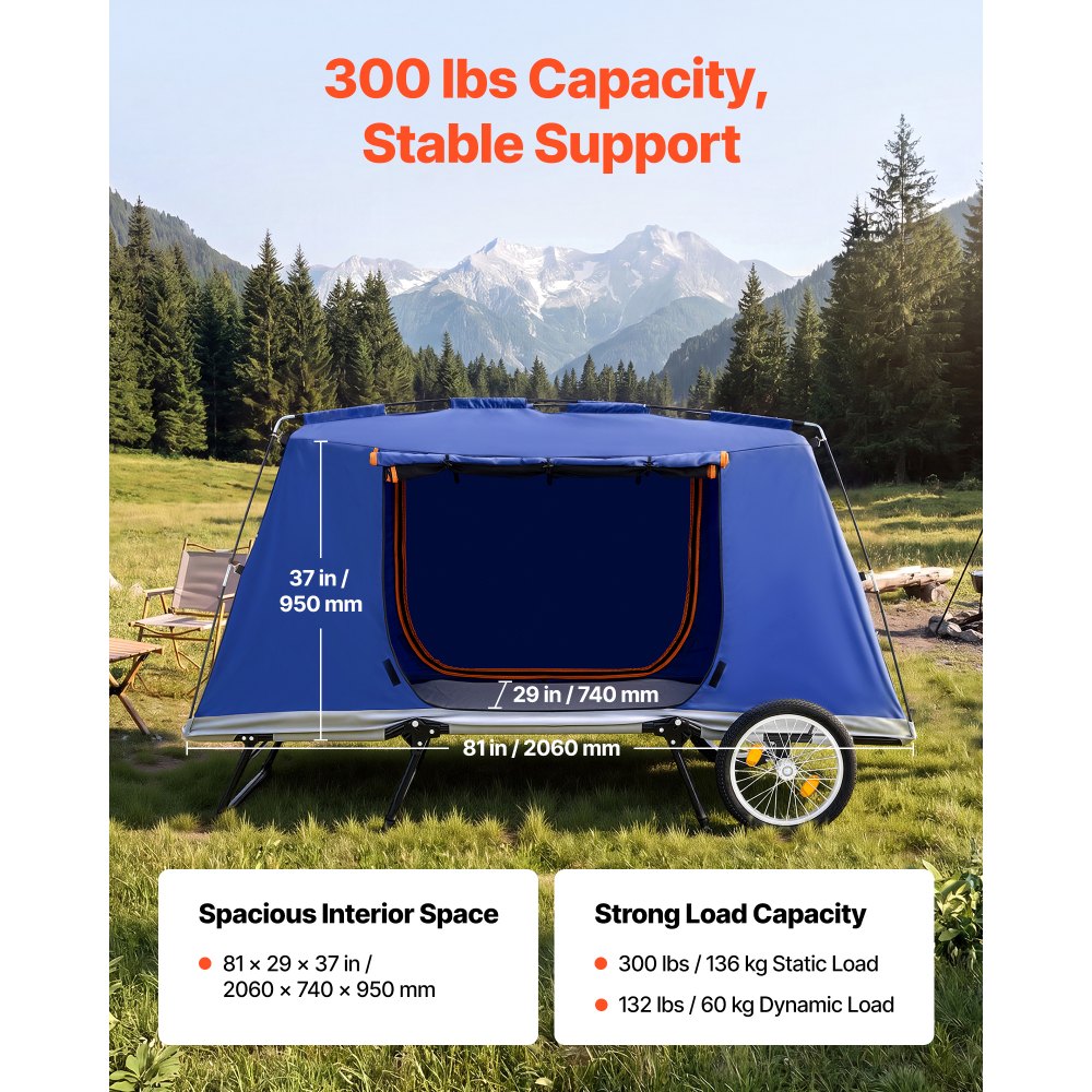 VEVOR Bike Camper Trailer Tent 300 lbs Static Load Folding Bicycle Wagon, with 16-Inch Wheels, PU2000 Coating, Carbon Steel Frame, Quick Setup, Fits 22-28 in Wheels, for Off-Road Bike Camping & Cargo