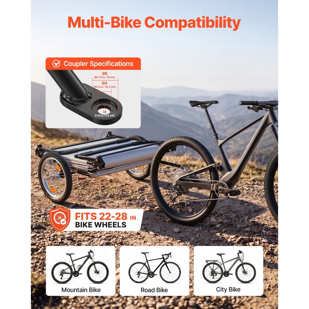 VEVOR Bike Camper Trailer Tent 300 lbs Static Load Folding Bicycle Wagon, with 16-Inch Wheels, PU2000 Coating, Carbon Steel Frame, Quick Setup, Fits 22-28 in Wheels, for Off-Road Bike Camping & Cargo