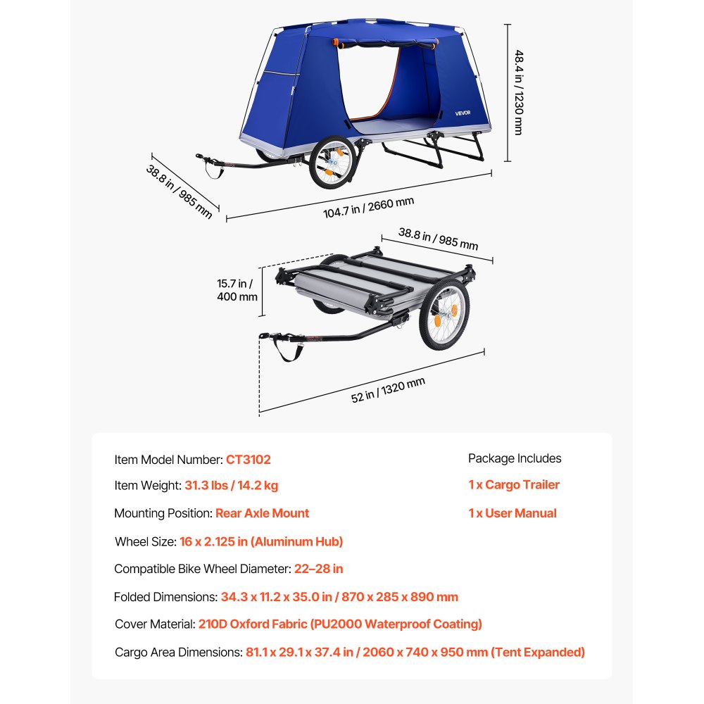 VEVOR Bike Camper Trailer Tent 300 lbs Static Load Folding Bicycle Wagon, with 16-Inch Wheels, PU2000 Coating, Carbon Steel Frame, Quick Setup, Fits 22-28 in Wheels, for Off-Road Bike Camping & Cargo