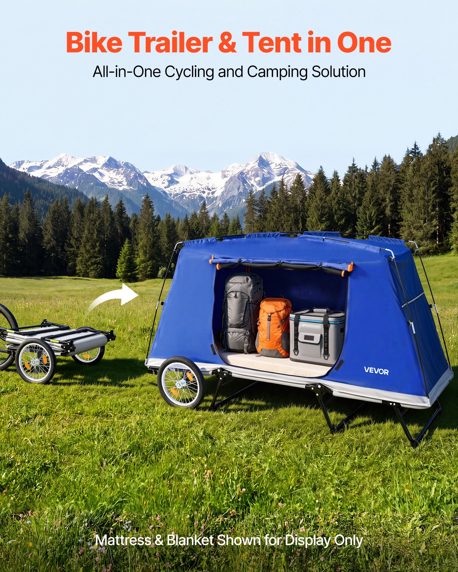 VEVOR Bike Camper Trailer Tent 300 lbs Static Load Folding Bicycle Wagon, with 16-Inch Wheels, PU2000 Coating, Carbon Steel Frame, Quick Setup, Fits 22-28 in Wheels, for Off-Road Bike Camping & Cargo