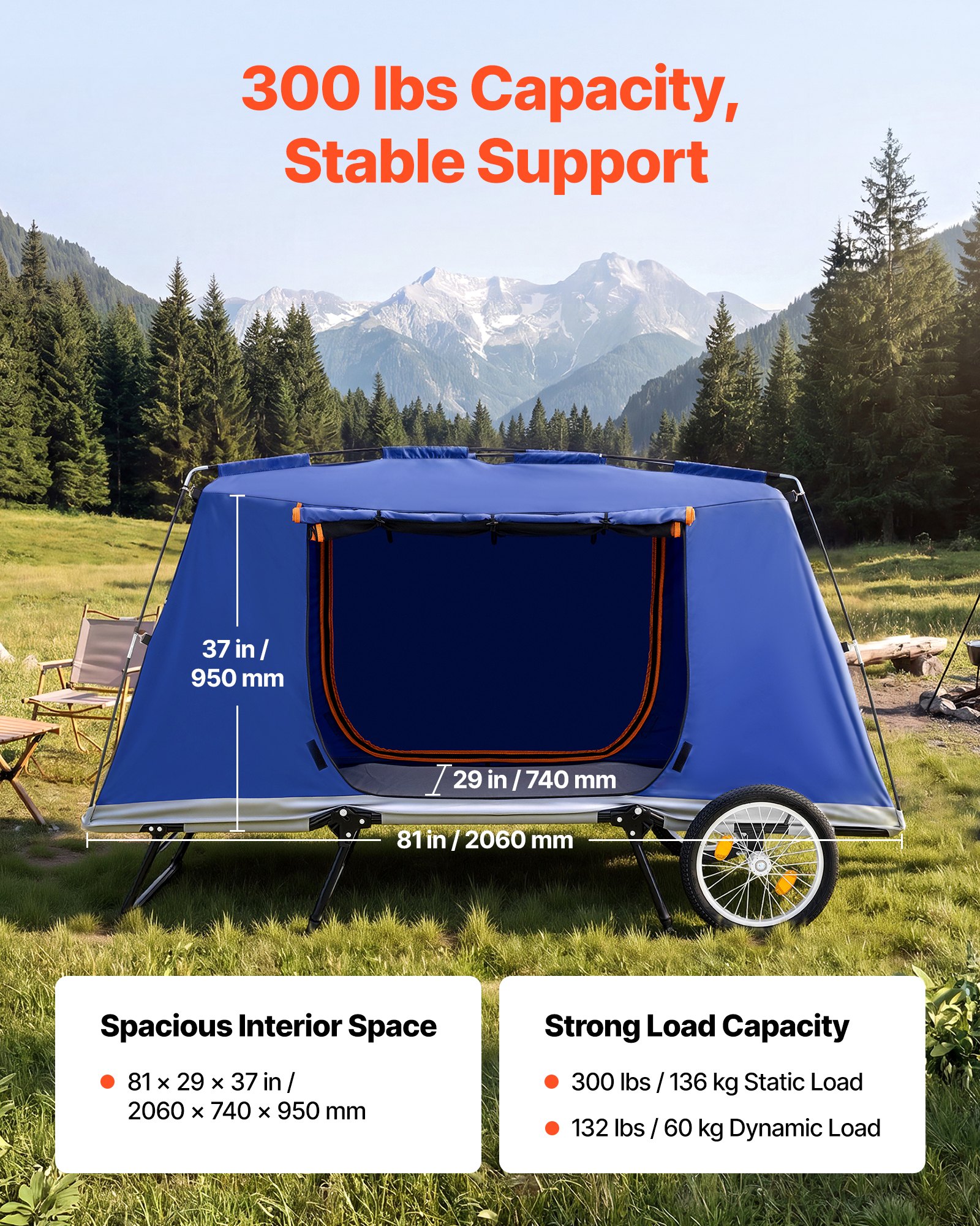 VEVOR Bike Camper Trailer Tent 300 lbs Static Load Folding Bicycle Wagon, with 16-Inch Wheels, PU2000 Coating, Carbon Steel Frame, Quick Setup, Fits 22-28 in Wheels, for Off-Road Bike Camping & Cargo