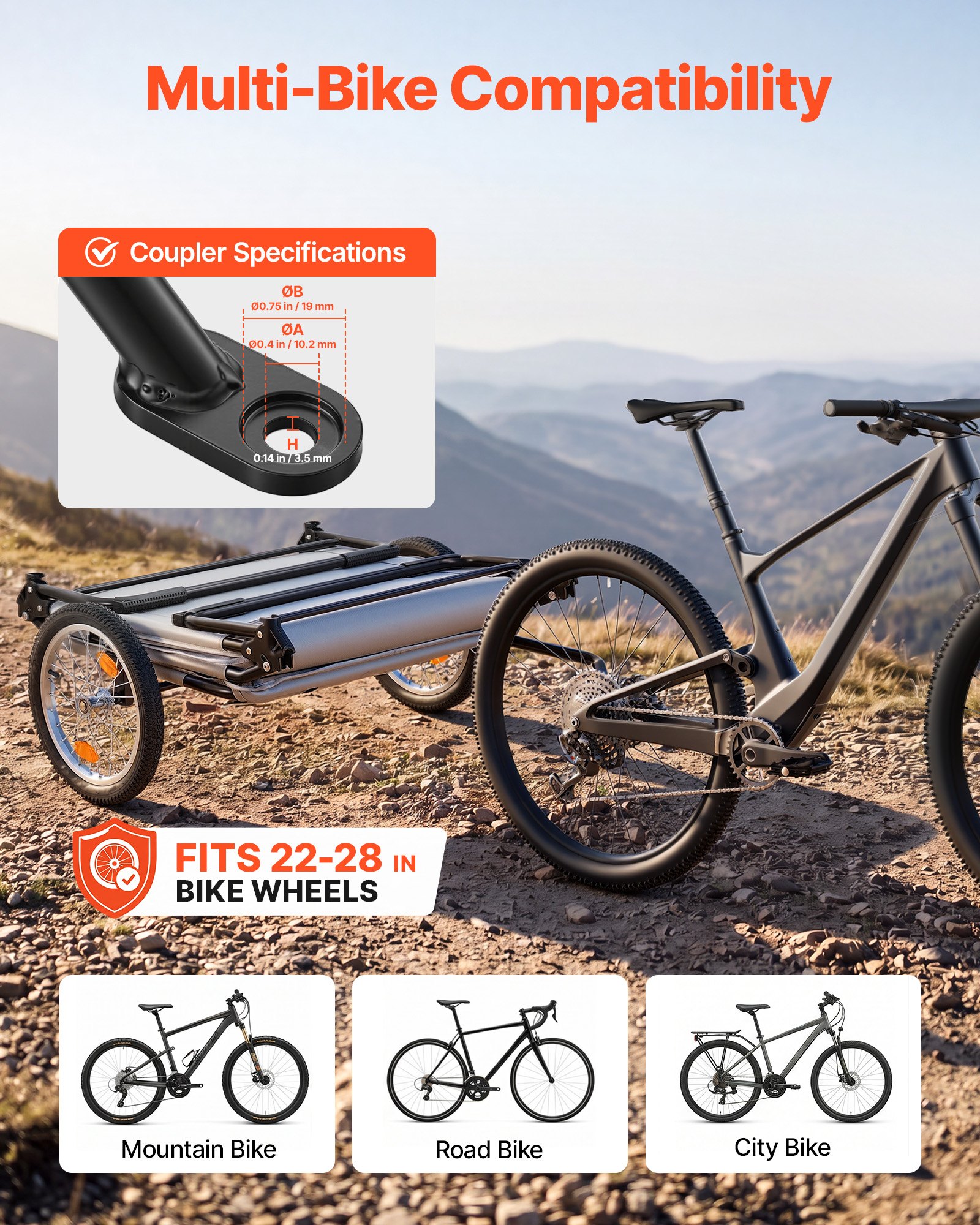VEVOR Bike Camper Trailer Tent 300 lbs Static Load Folding Bicycle Wagon, with 16-Inch Wheels, PU2000 Coating, Carbon Steel Frame, Quick Setup, Fits 22-28 in Wheels, for Off-Road Bike Camping & Cargo