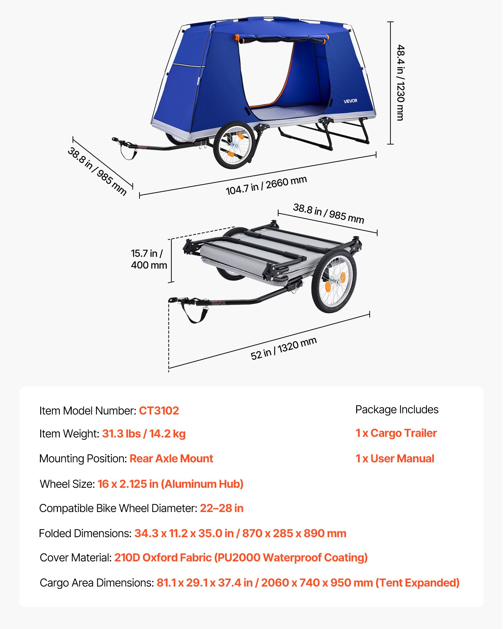 VEVOR Bike Camper Trailer Tent 300 lbs Static Load Folding Bicycle Wagon, with 16-Inch Wheels, PU2000 Coating, Carbon Steel Frame, Quick Setup, Fits 22-28 in Wheels, for Off-Road Bike Camping & Cargo