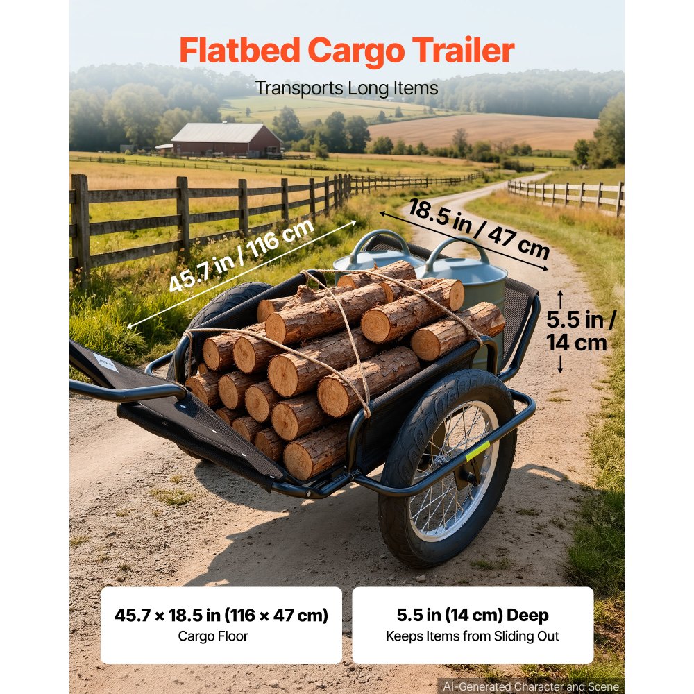 VEVOR Bike Cargo Trailer 320 lbs Load Heavy-Duty Bicycle Game Cart Foldable, All-Purpose Utility Trailer with 16-Inch Wheels for Any Terrain, Off-Road, Carbon Steel Frame, Fits 22-28 in Bike Wheels