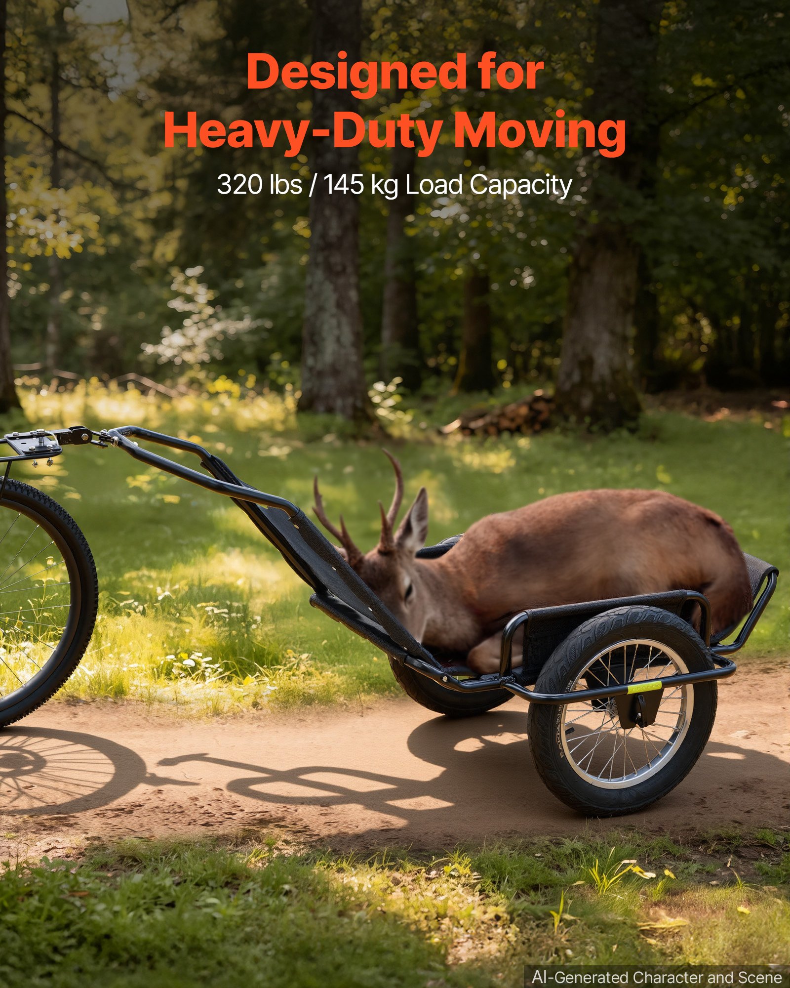 VEVOR Bike Cargo Trailer 320 lbs Load Heavy-Duty Bicycle Game Cart Foldable, All-Purpose Utility Trailer with 16-Inch Wheels for Any Terrain, Off-Road, Carbon Steel Frame, Fits 22-28 in Bike Wheels