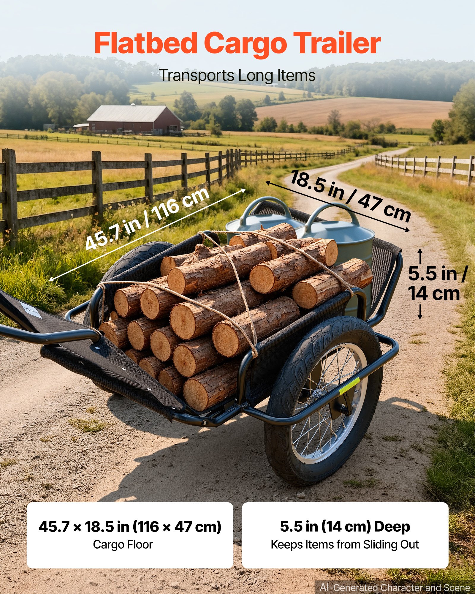 VEVOR Bike Cargo Trailer 320 lbs Load Heavy-Duty Bicycle Game Cart Foldable, All-Purpose Utility Trailer with 16-Inch Wheels for Any Terrain, Off-Road, Carbon Steel Frame, Fits 22-28 in Bike Wheels
