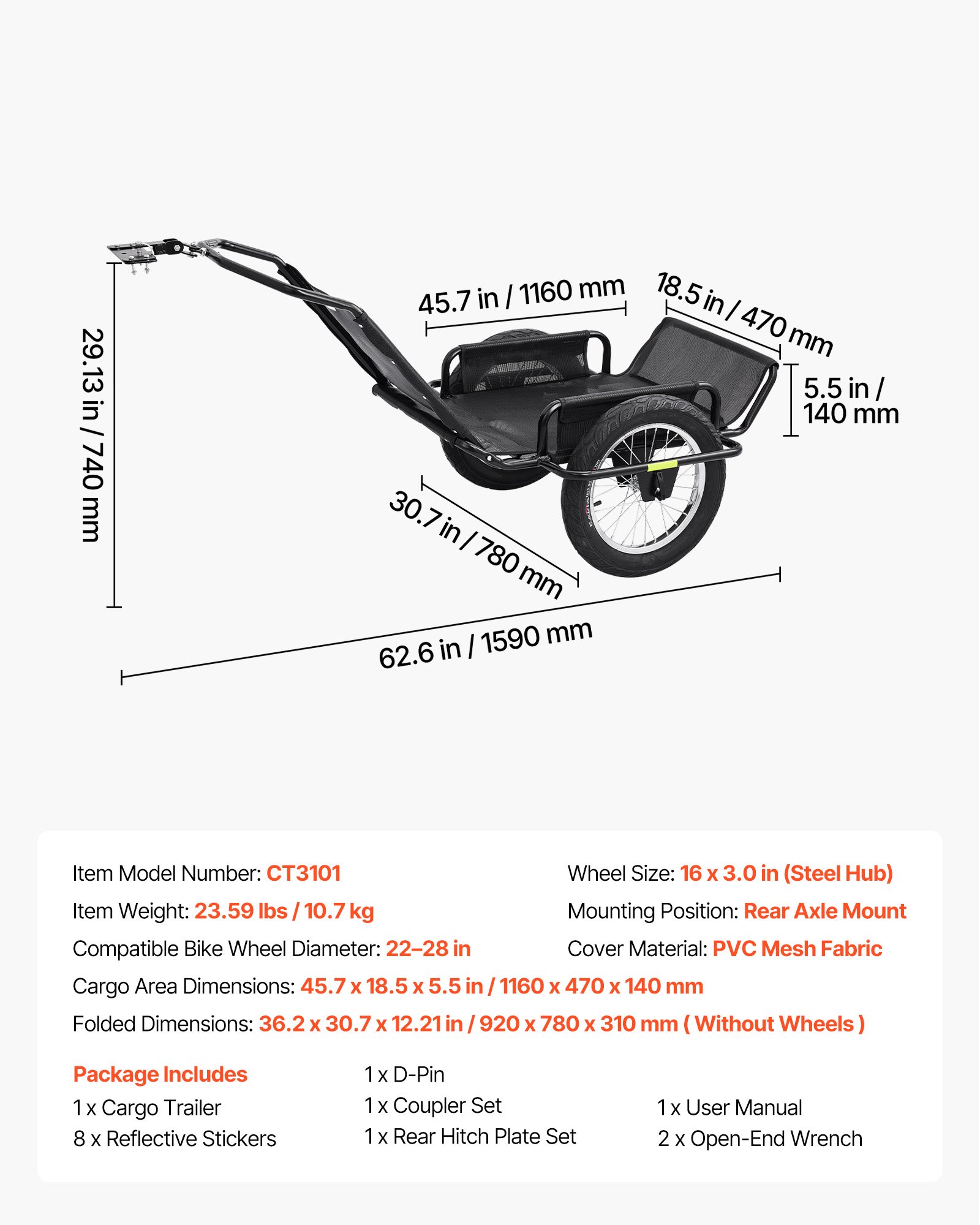 VEVOR Bike Cargo Trailer 320 lbs Load Heavy-Duty Bicycle Game Cart Foldable, All-Purpose Utility Trailer with 16-Inch Wheels for Any Terrain, Off-Road, Carbon Steel Frame, Fits 22-28 in Bike Wheels