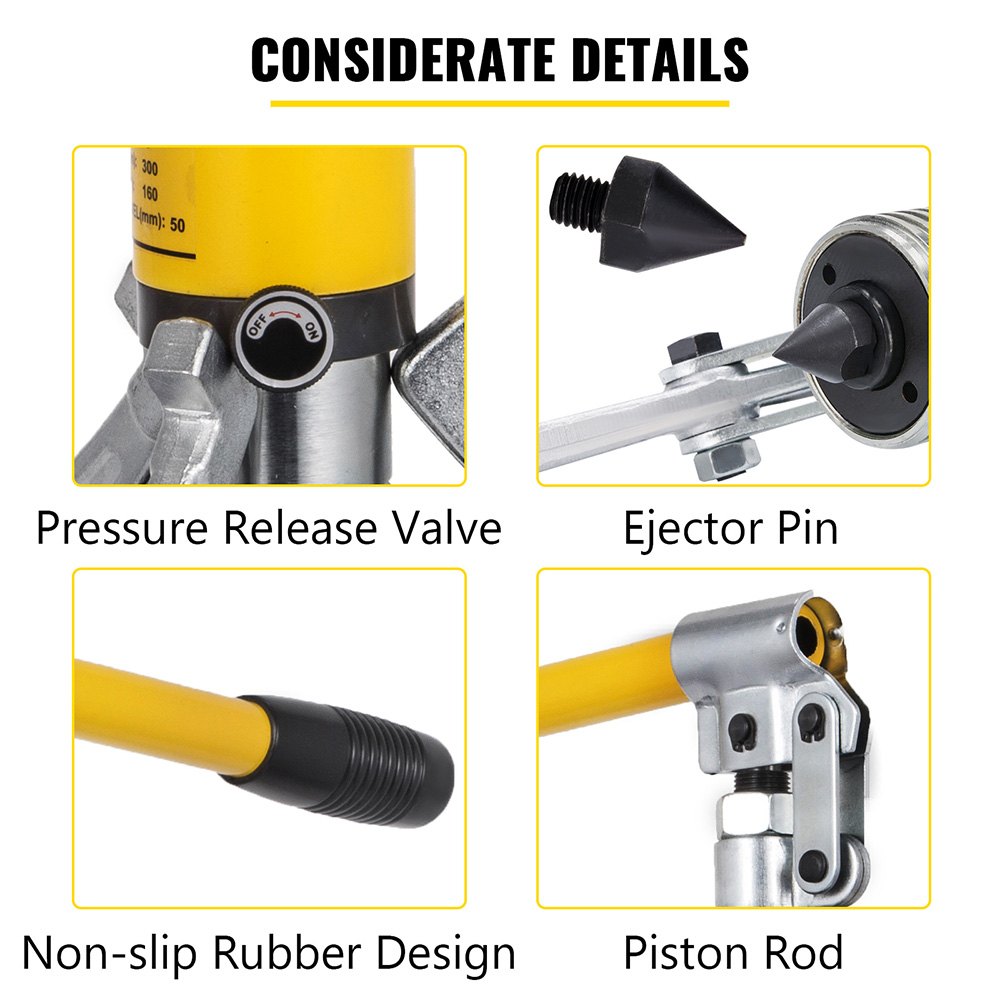 VEVOR hydraulic gear puller with pressure release valve, ejector pin, and piston rod.