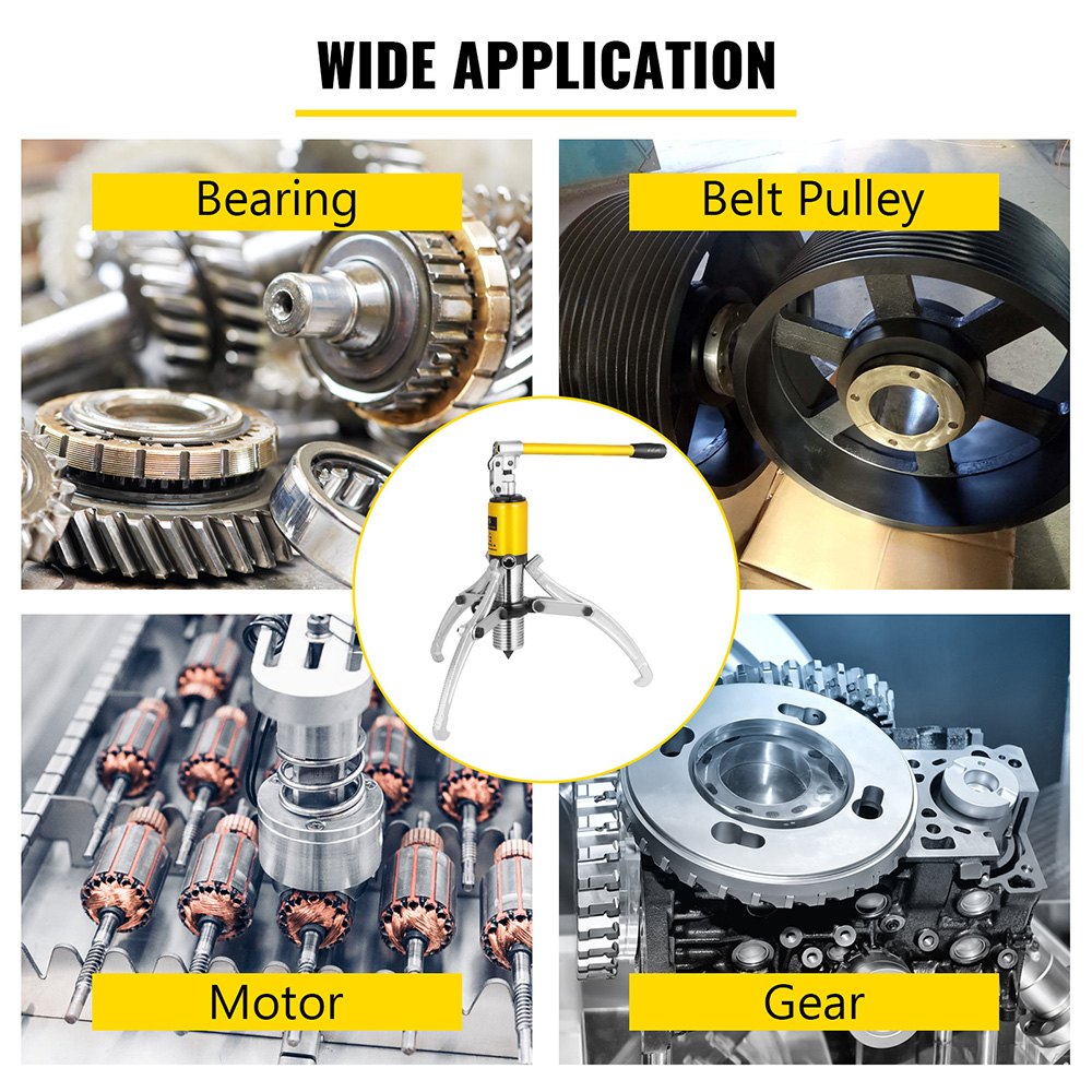 VEVOR hydraulic gear puller with illustrations of applications on bearing, belt pulley, motor, and gear.