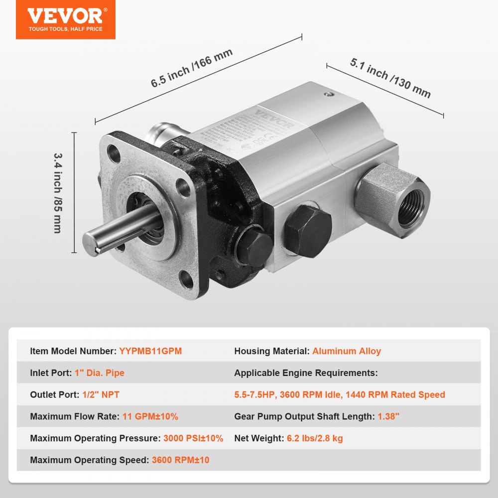 VEVOR hydraulic log splitter pump with aluminum alloy housing, dimensions, specifications, and ports.