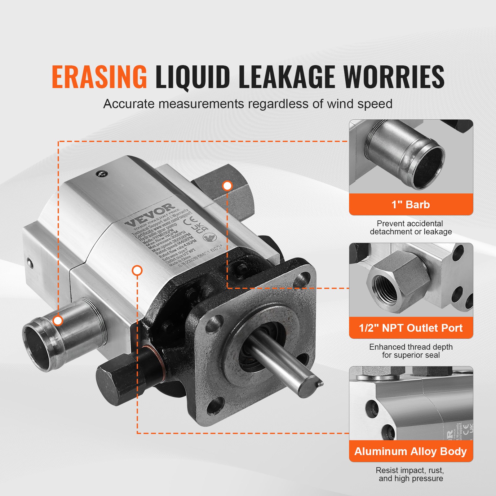 VEVOR hydraulic log splitter pump with aluminum alloy body, 1&quot; barb, and 1/2&quot; npt outlet port.