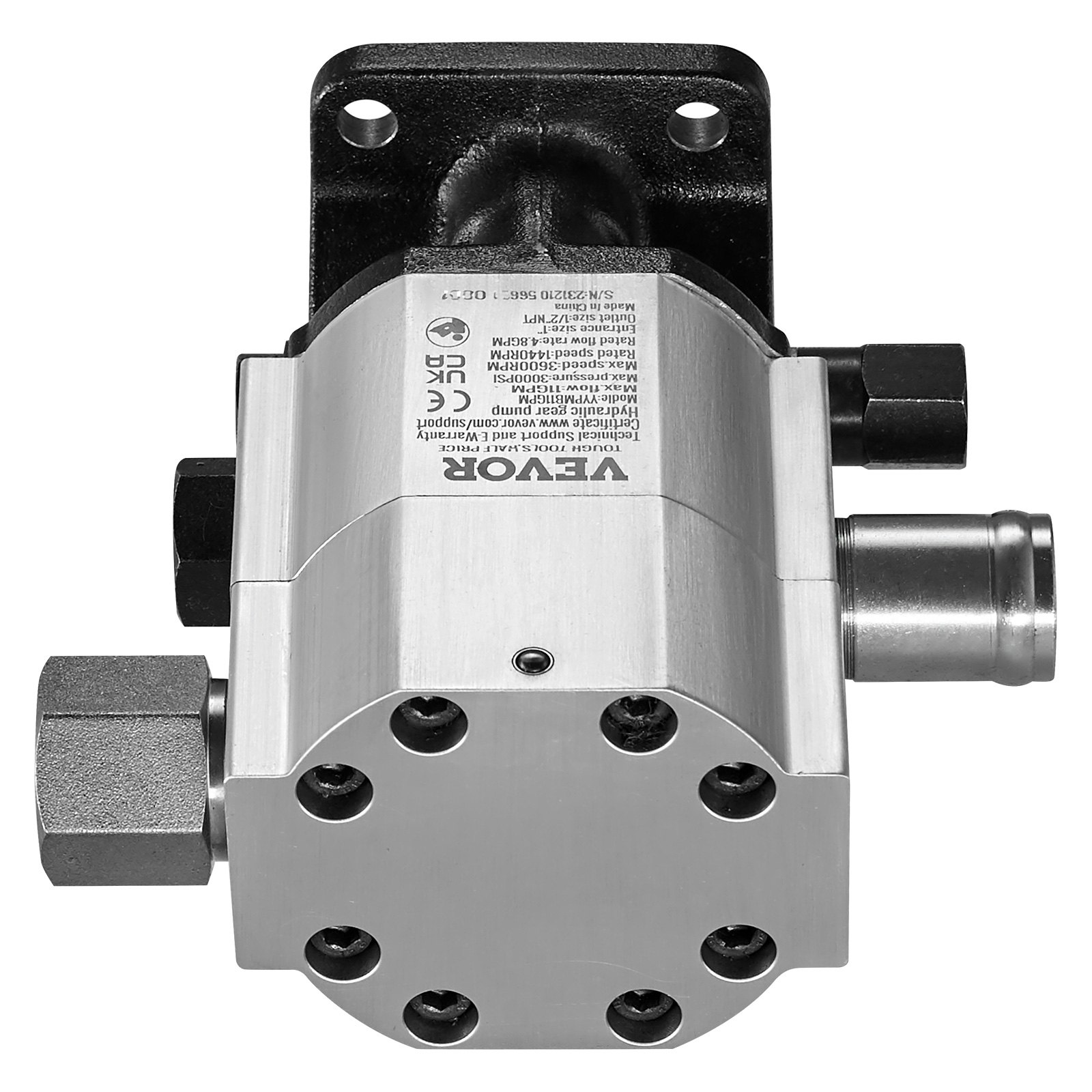 VEVOR hydraulic log splitter pump with multiple ports and silver finish, black mounting plate.