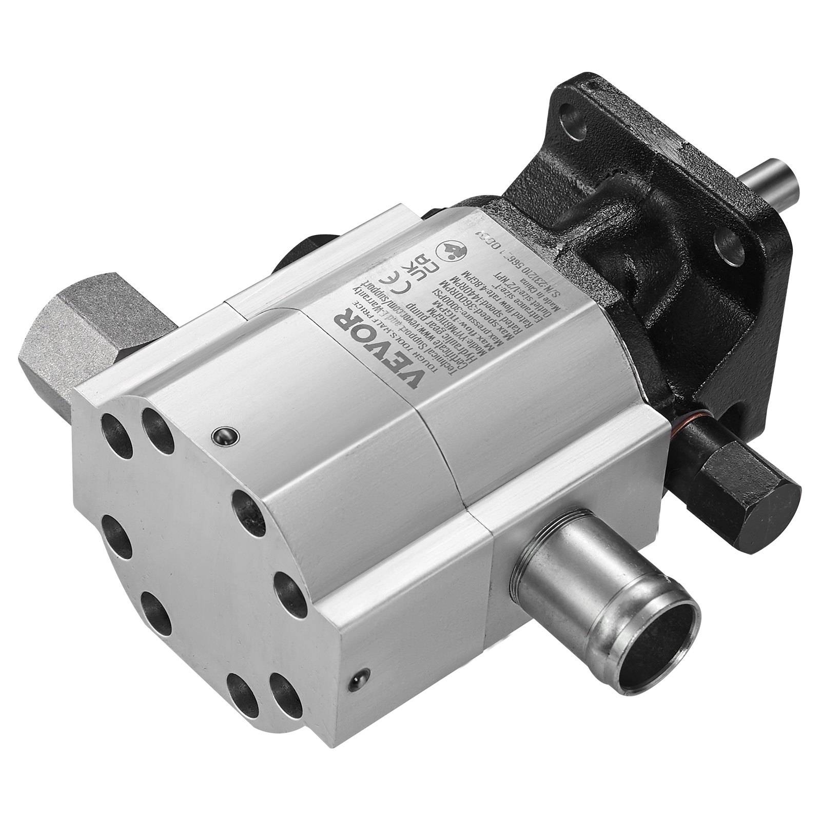 VEVOR hydraulic log splitter pump with silver and black casing featuring multiple connection ports.