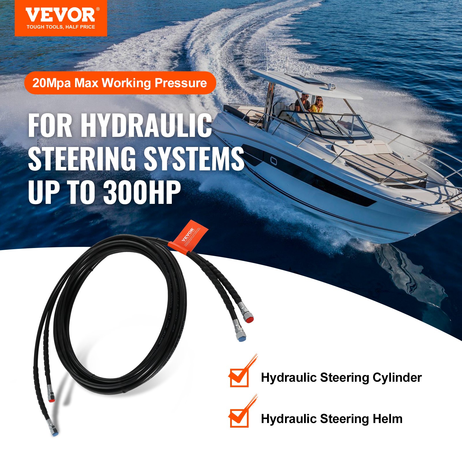 VEVOR hydraulic steering hose with 20mpa max pressure, compatible with hydraulic steering systems up to 300hp.
