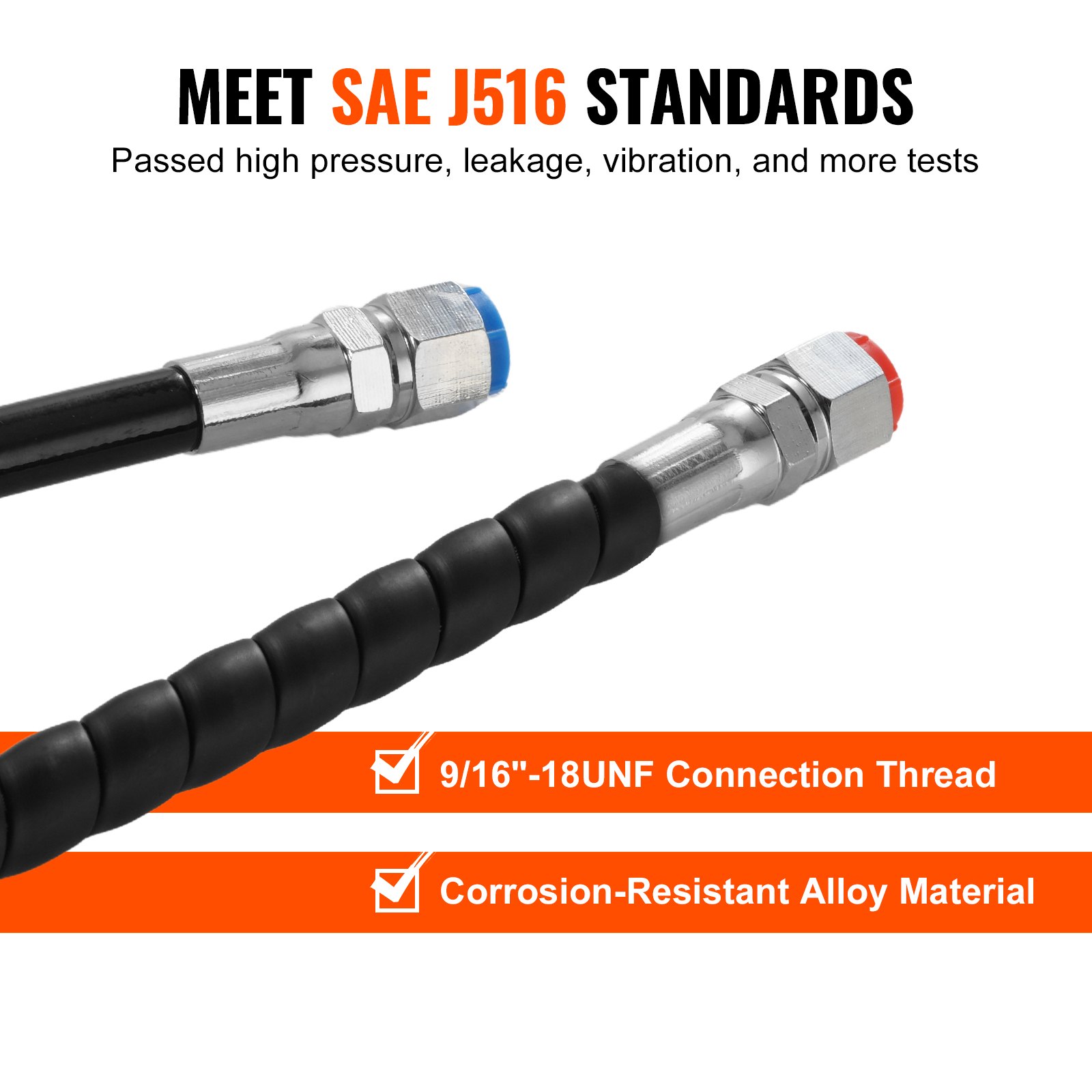 VEVOR hydraulic steering hose with sae j516 standard, 9/16&quot;-18unf thread, and corrosion-resistant alloy.
