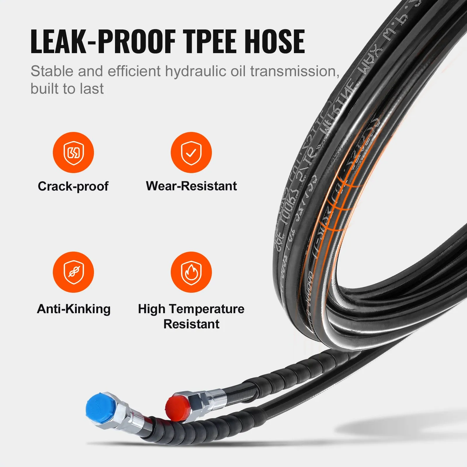 VEVOR hydraulic steering hose featuring leak-proof tpee, crack-proof, wear-resistant, anti-kinking, and high temperature resistant.