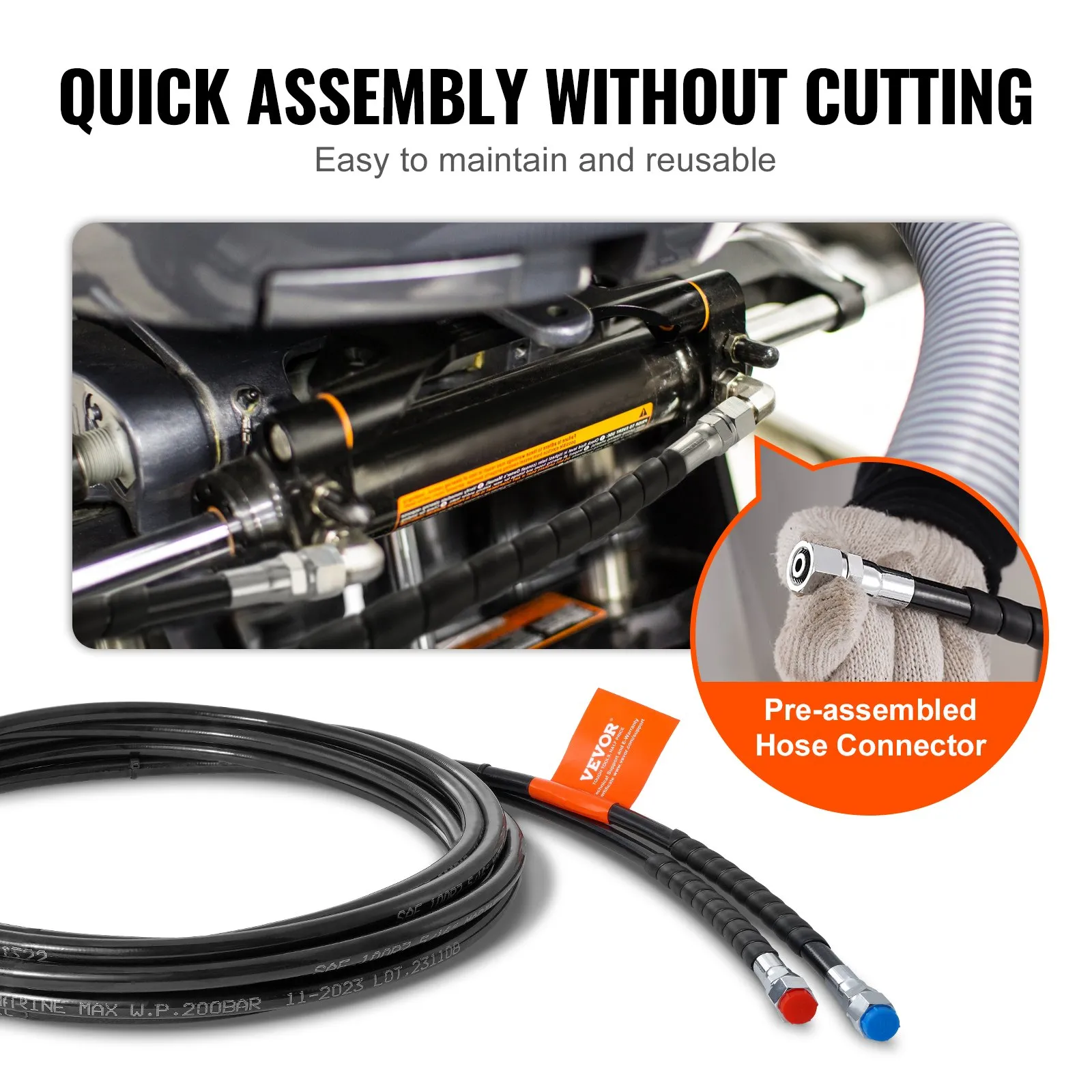 VEVOR hydraulic steering hose with pre-assembled connectors for quick assembly without cutting.