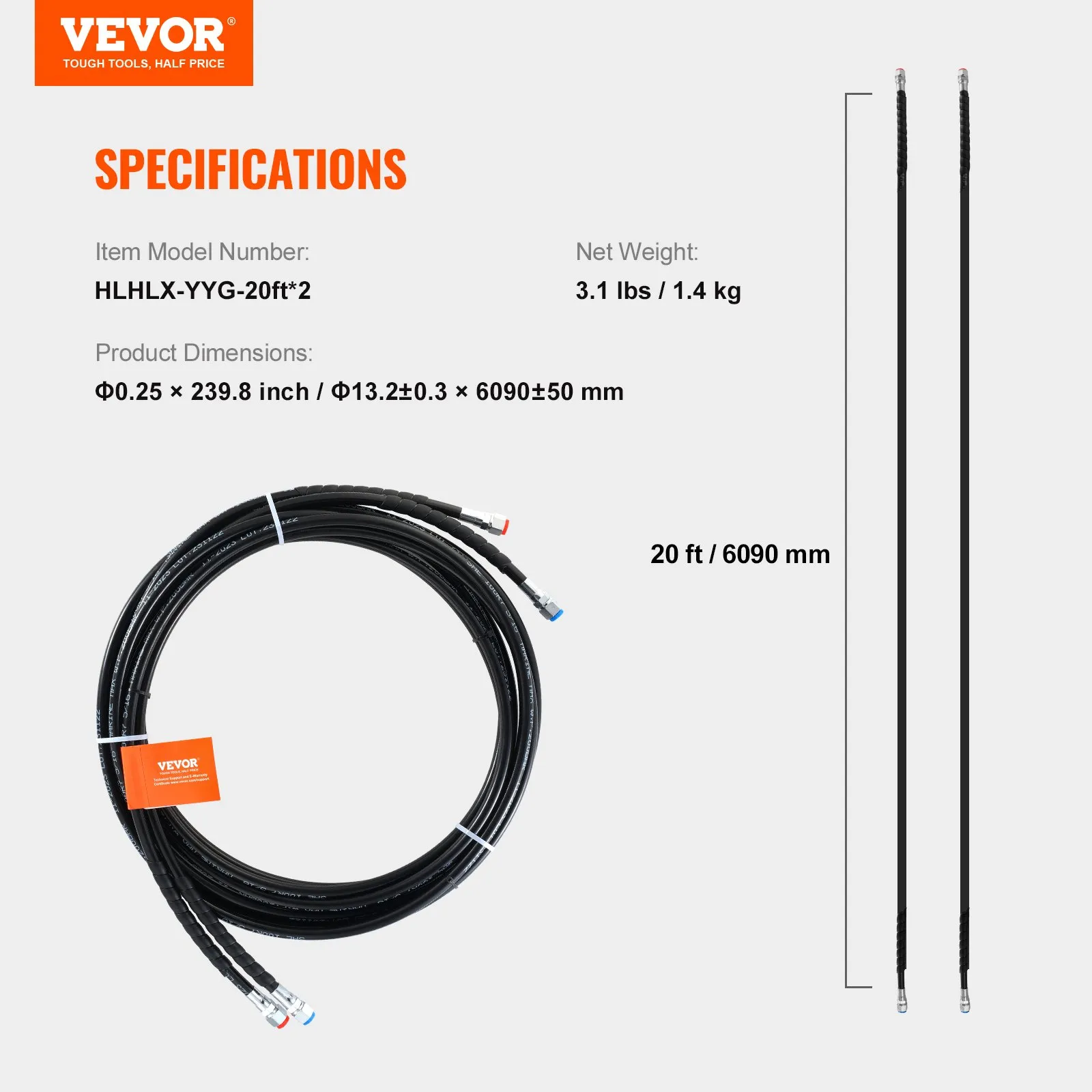 VEVOR hydraulic steering hose, 20 ft length, model number hllhx-yyg-20ft*2, weight 3.1 lbs/1.4 kg.