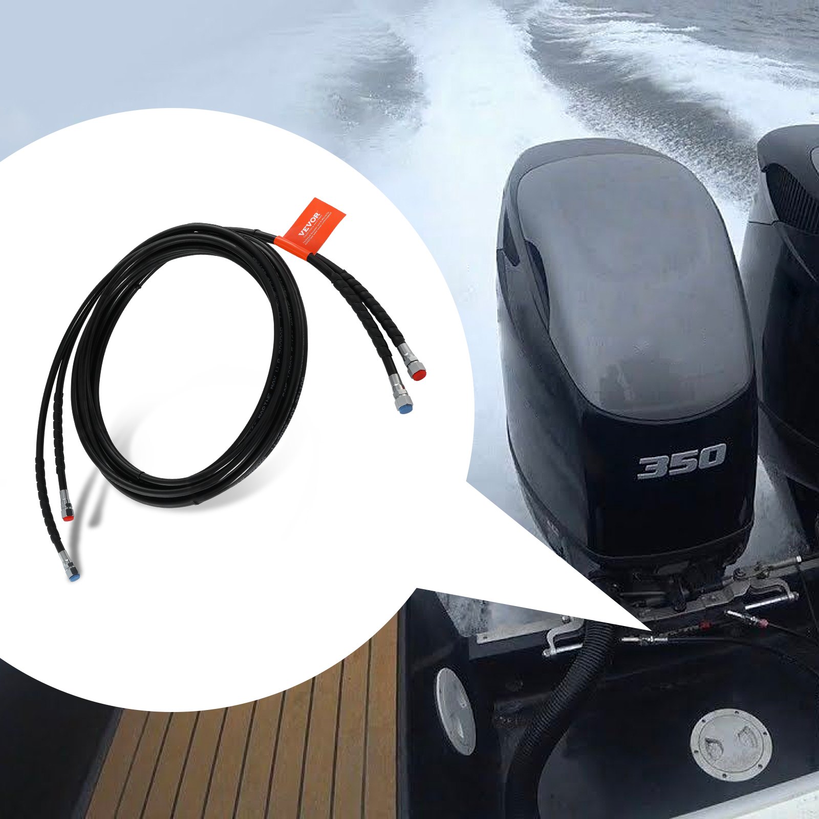 VEVOR hydraulic steering hose for outboard motors, featuring durable connectors, marine background.