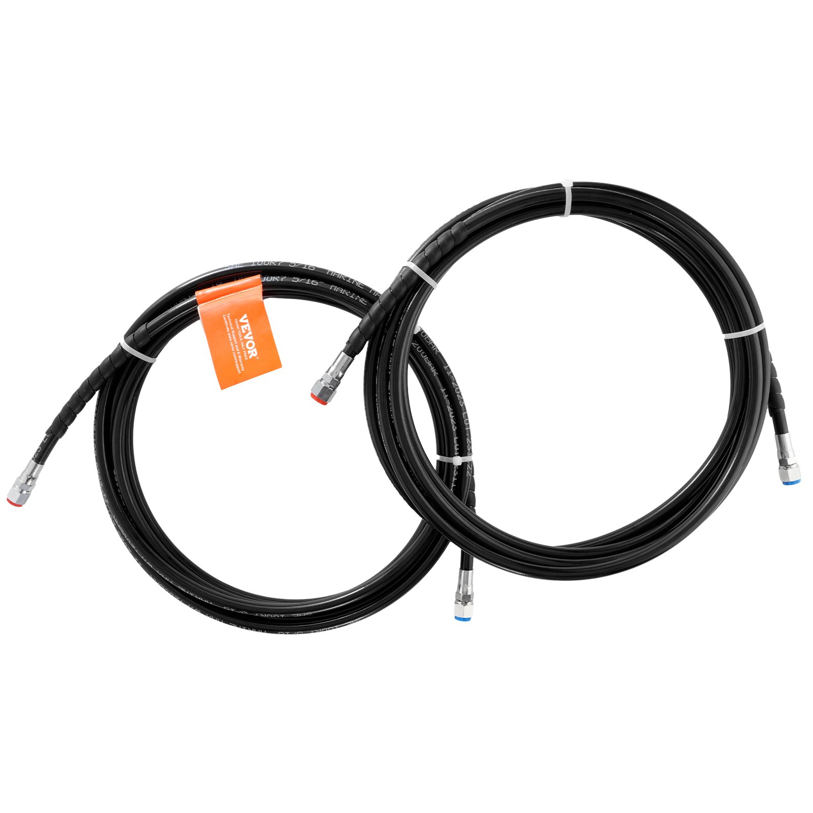 VEVOR hydraulic steering hose, two black coiled hoses with metal fittings and orange tag.