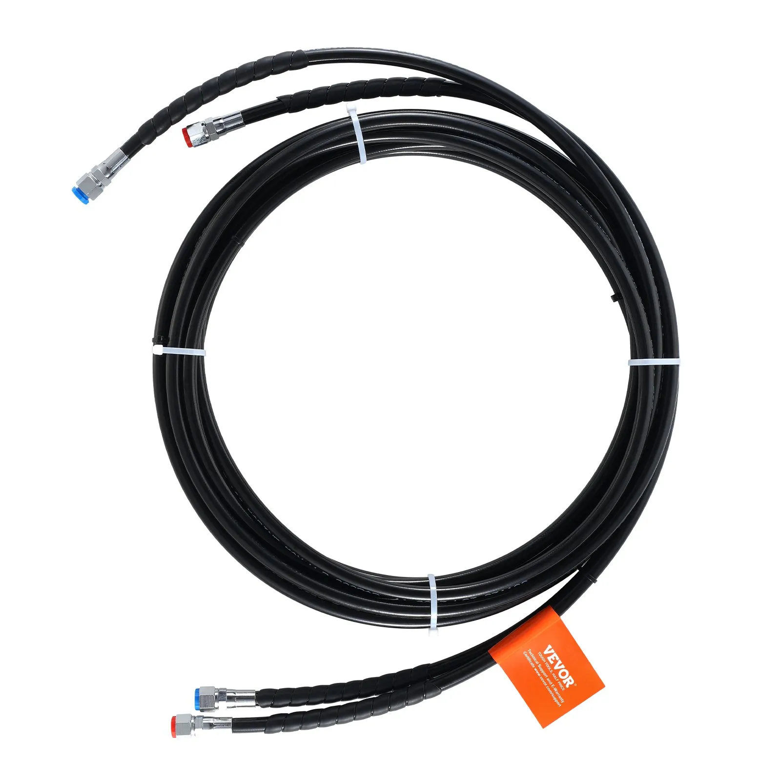 black coiled VEVOR hydraulic steering hose with red and blue connectors and orange label.
