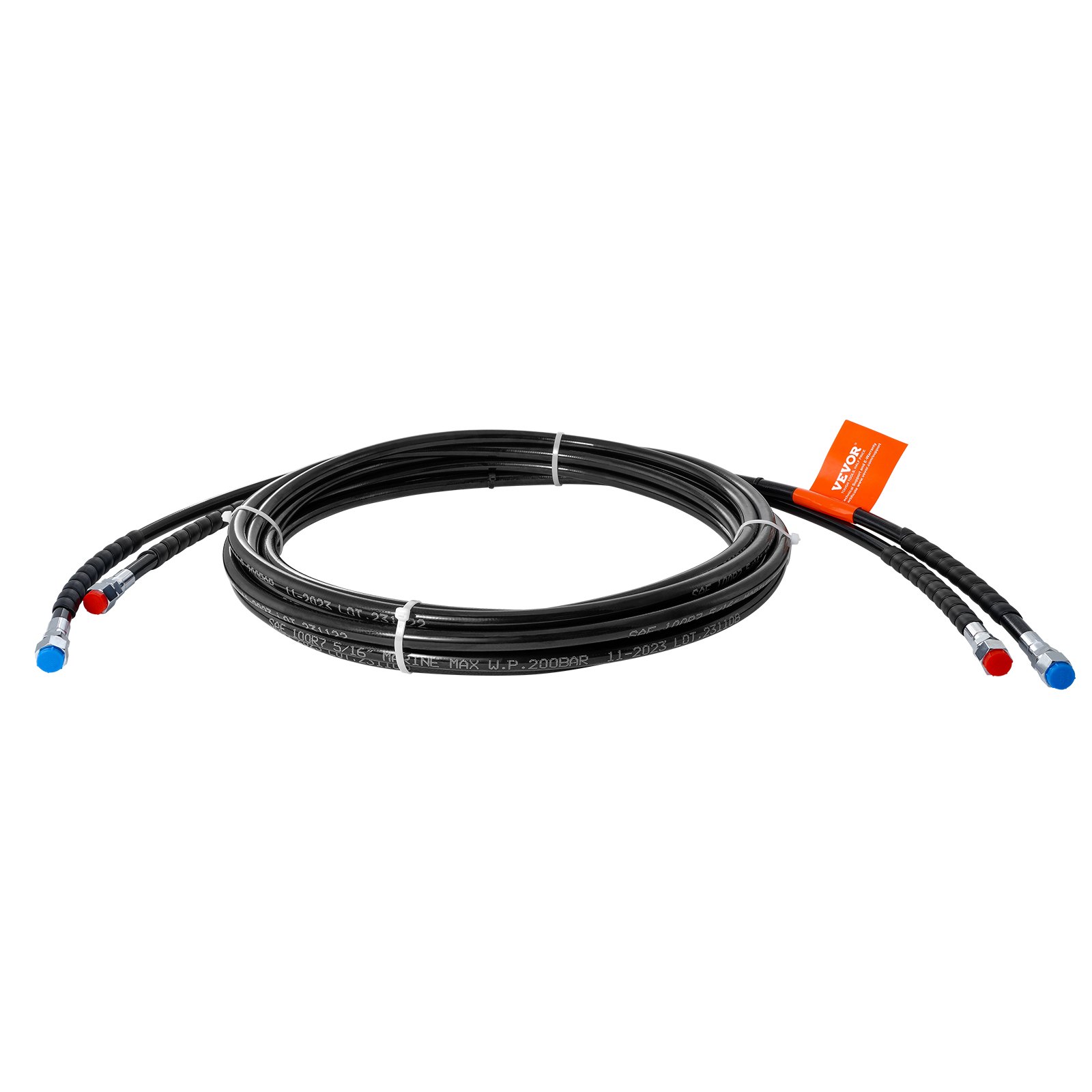 VEVOR hydraulic steering hose coiled with blue and red capped ends, labeled in orange.