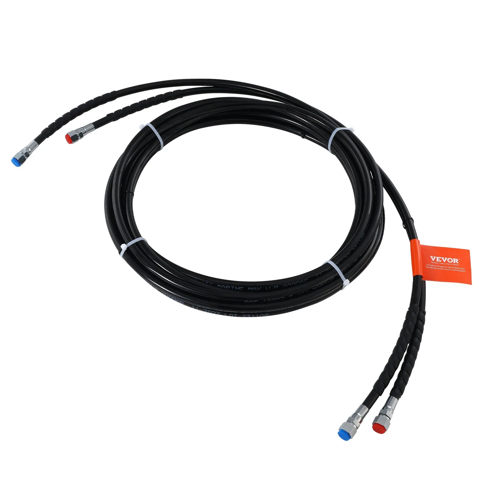 VEVOR hydraulic steering hose coiled with blue and red connectors, ready for installation.