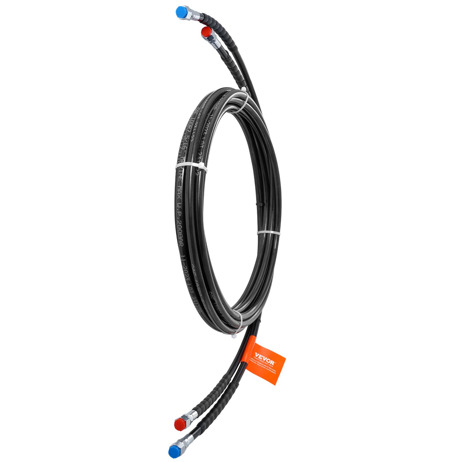 VEVOR hydraulic steering hose with color-coded connectors coiled and secured with zip ties.