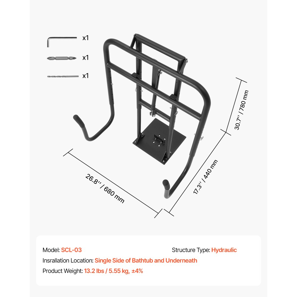 VEVOR Hydraulic Spa Cover Lift, Hot Tub Cover Lift, Adjustable Height 840-1050 mm and Width from 1350-2350 mm, Mounted Underneath on One Side, Compatible with Various Sizes of Hot Tubs & Spas