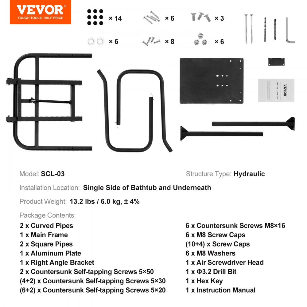 VEVOR Hydraulic Spa Cover Lift, Hot Tub Cover Lift, Adjustable Height 840-1050 mm and Width from 1350-2350 mm, Mounted Underneath on One Side, Compatible with Various Sizes of Hot Tubs & Spas
