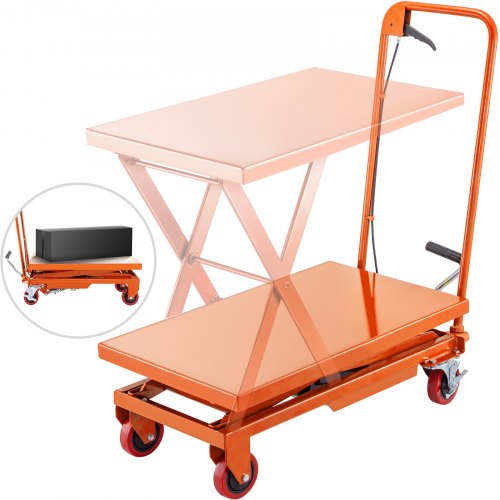 VEVOR Hydraulic Scissor 500LBS Capacity, Cart Lift Table Cart 28.5-Inch Lifting Height, Manual Scissor Lift Table w/ 4 Wheels and Foot Pump, Elevating Hydraulic Cart for Material Handling, Orange