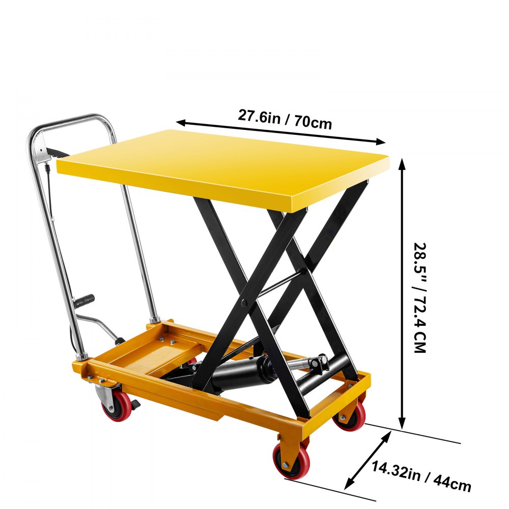 VEVOR Hydraulic Lift Table Cart, 660lbs Capacity Hydraulic Scissor Cart, 35.4" Lifting Height Scissor Lift Table, Single Scissor Lift Cart w/ Foot Pump, 32.1''x19.7'' Table Size, for Freight Lifting