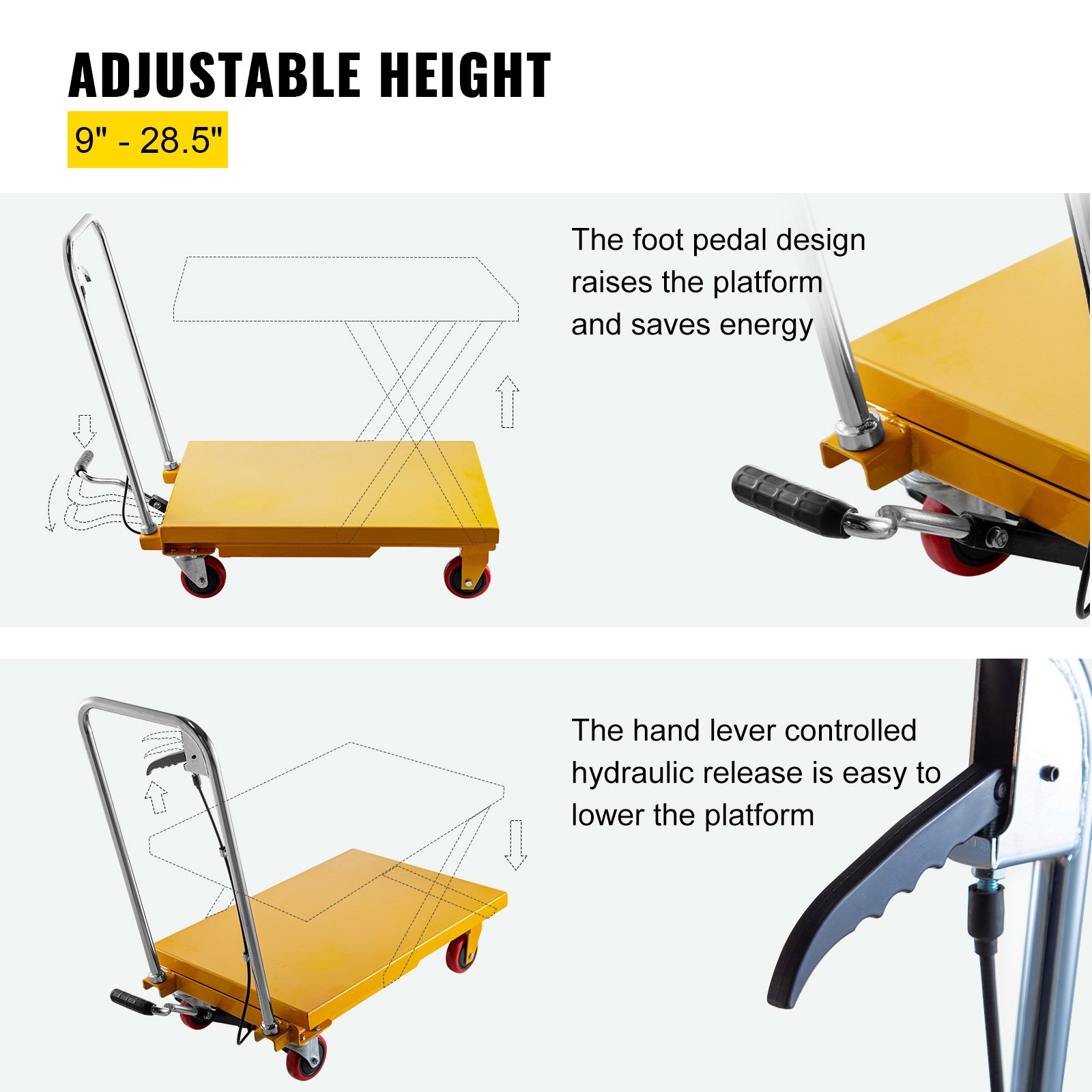 VEVOR Hydraulic Lift Table Cart, 660lbs Capacity Hydraulic Scissor Cart, 35.4" Lifting Height Scissor Lift Table, Single Scissor Lift Cart w/ Foot Pump, 32.1''x19.7'' Table Size, for Freight Lifting