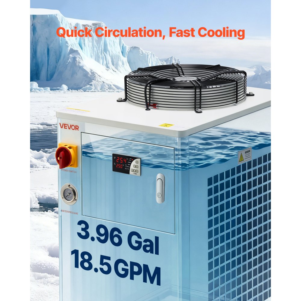 VEVOR Industrial Water Chiller, 5000W, Industrial Water Cooler Cooling System with Compressor, 15L Tank Capacity, 70 L/min Max Flow Rate, Laser Chiller, for CO2 Laser Tuber Engraving & Cutting Machine
