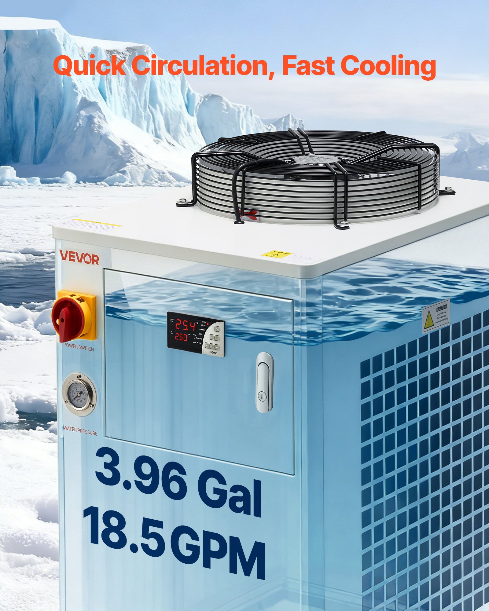 VEVOR Industrial Water Chiller, 5000W, Industrial Water Cooler Cooling System with Compressor, 15L Tank Capacity, 70 L/min Max Flow Rate, Laser Chiller, for CO2 Laser Tuber Engraving & Cutting Machine