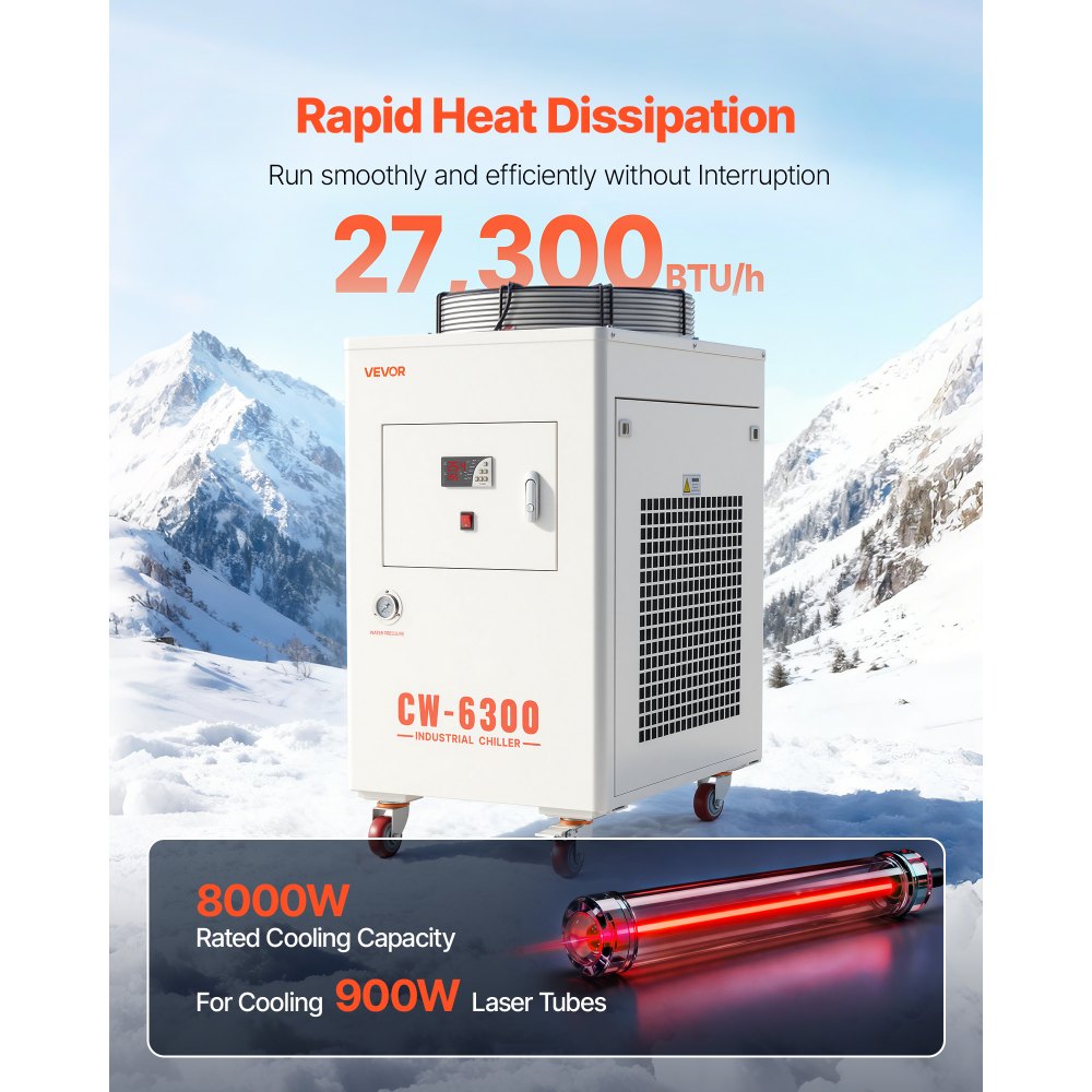 VEVOR Industrial Water Chiller, 27,300 BTU/h, Industrial Water Cooler Cooling System with Compressor, 10.6  Gal Tank Capacity, 18.5 GPM Max Flow Rate, for CO2 Laser Tube Engraving & Cutting Machine