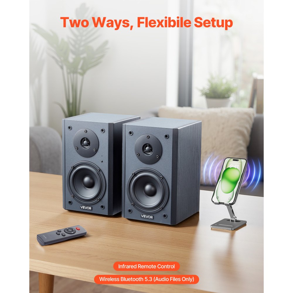 VEVOR Powered Bookshelf Speakers, 20W x 2, Active Studio Monitor Speaker with 4 Inch Woofer, Adjustable Volume and Audio with Bluetooth Optical Connection, Wooden Enclosure, for Record Player PC TV