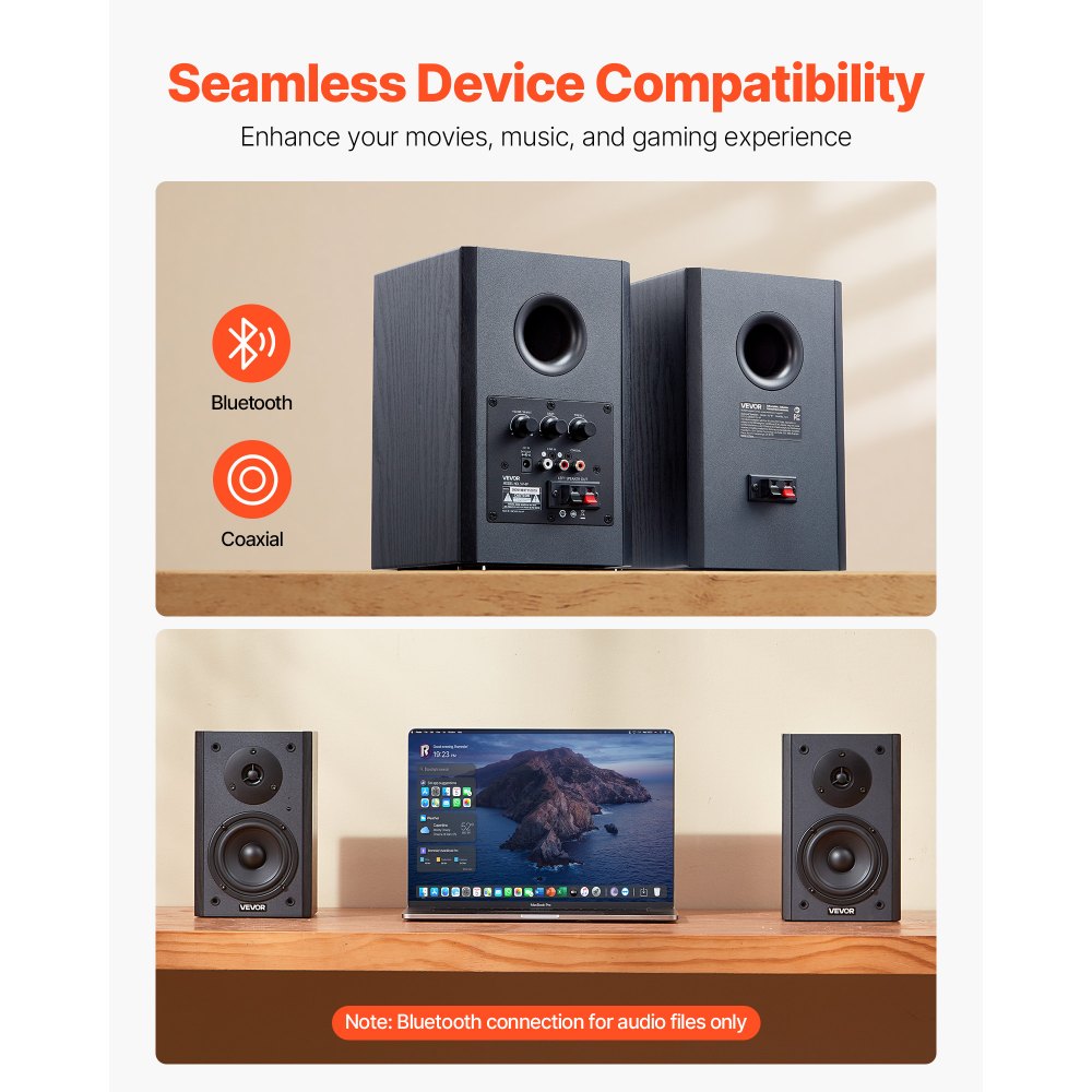 VEVOR Powered Bookshelf Speakers, 20W x 2, Active Studio Monitor Speaker with 4 Inch Woofer, Adjustable Volume and Audio with Bluetooth Optical Connection, Wooden Enclosure, for Record Player PC TV