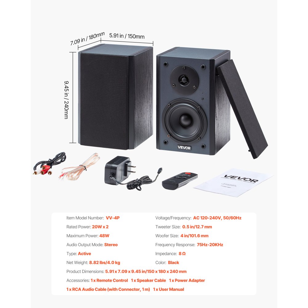 VEVOR Powered Bookshelf Speakers, 20W x 2, Active Studio Monitor Speaker with 4 Inch Woofer, Adjustable Volume and Audio with Bluetooth Optical Connection, Wooden Enclosure, for Record Player PC TV