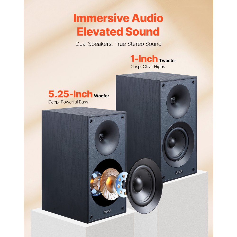 VEVOR Powered Bookshelf Speakers, 25W x 2, Active Studio Monitor Speaker with 5.25 Inch Woofer, Bluetooth/RCA/Coaxial/Optical/USB/Subwoofer Connection, Wooden Enclosure, for Record Player Turntable PC