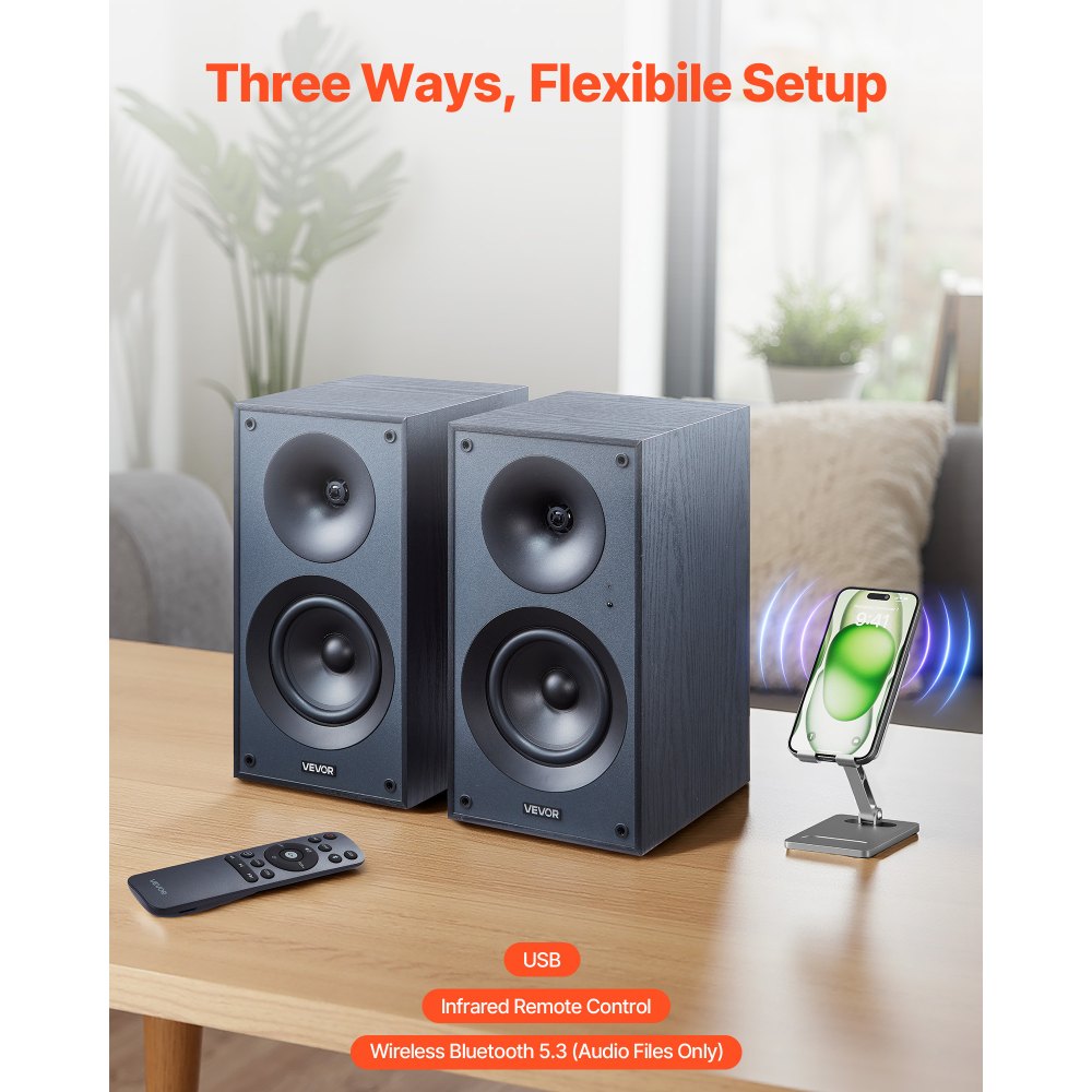 VEVOR Powered Bookshelf Speakers, 25W x 2, Active Studio Monitor Speaker with 5.25 Inch Woofer, Bluetooth/RCA/Coaxial/Optical/USB/Subwoofer Connection, Wooden Enclosure, for Record Player Turntable PC