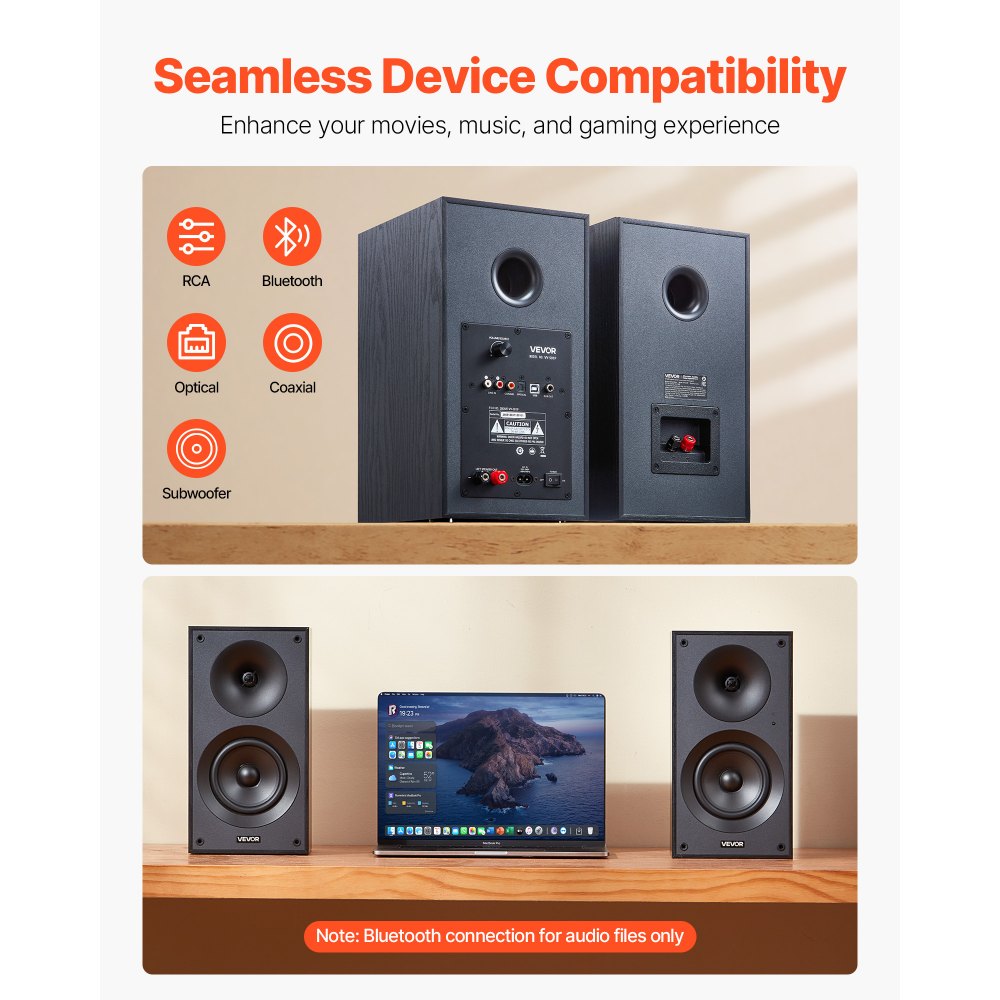 VEVOR Powered Bookshelf Speakers, 25W x 2, Active Studio Monitor Speaker with 5.25 Inch Woofer, Bluetooth/RCA/Coaxial/Optical/USB/Subwoofer Connection, Wooden Enclosure, for Record Player Turntable PC