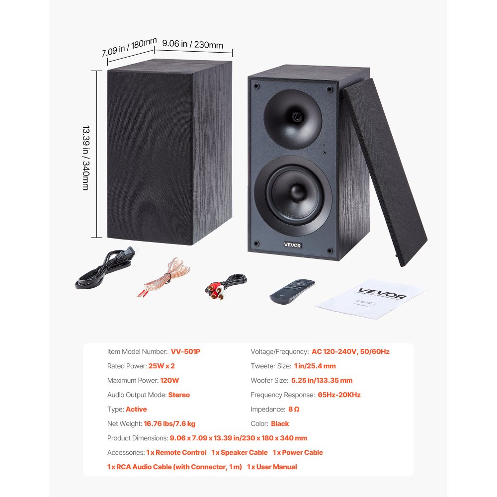 VEVOR Powered Bookshelf Speakers, 25W x 2, Active Studio Monitor Speaker with 5.25 Inch Woofer, Bluetooth/RCA/Coaxial/Optical/USB/Subwoofer Connection, Wooden Enclosure, for Record Player Turntable PC